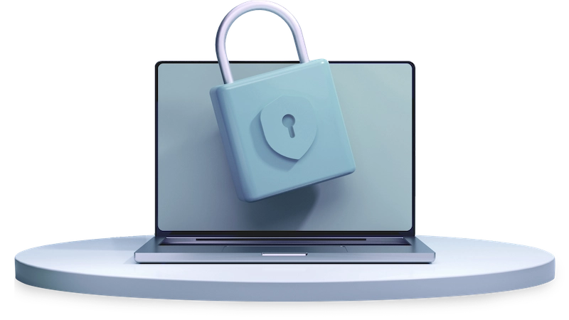 Laptop con lucchetto blu simbolo di protezione informatica