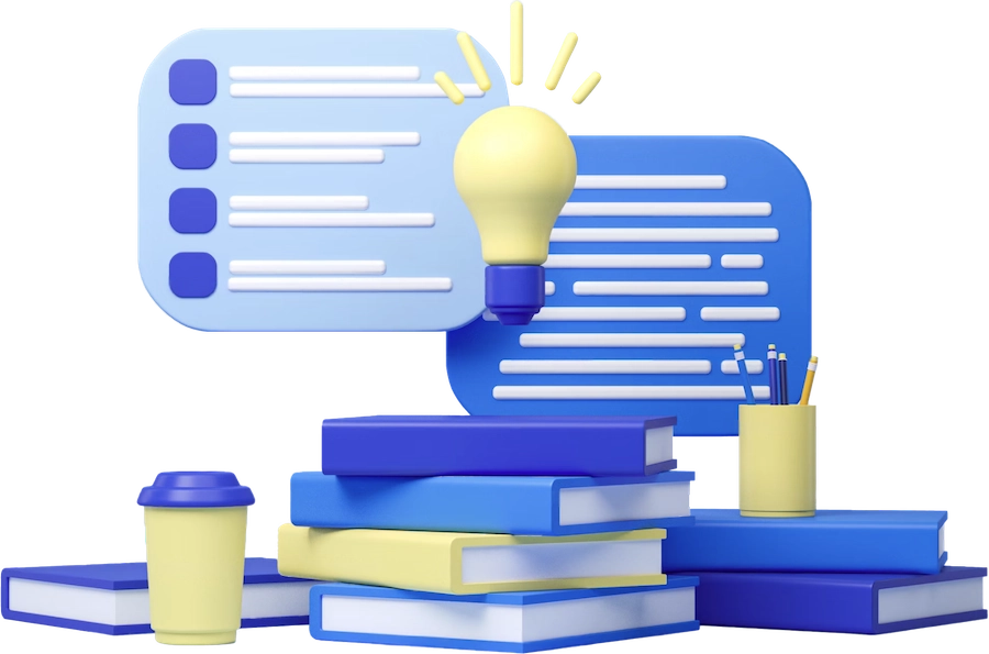 Illustrazione 3D con lampadina, libri e icone di messaggi – formazione professionale