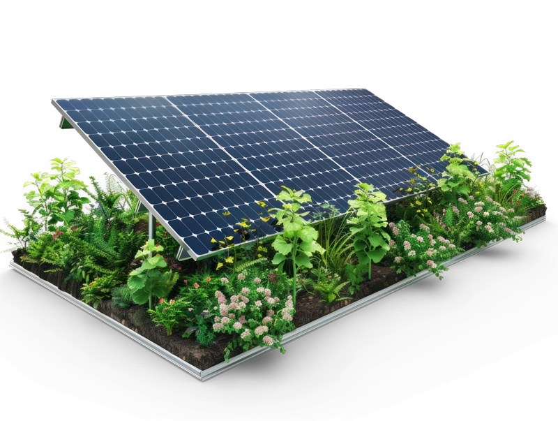 Pannello fotovoltaico su base vegetale con piante e fiori, simbolo di sostenibilità ambientale